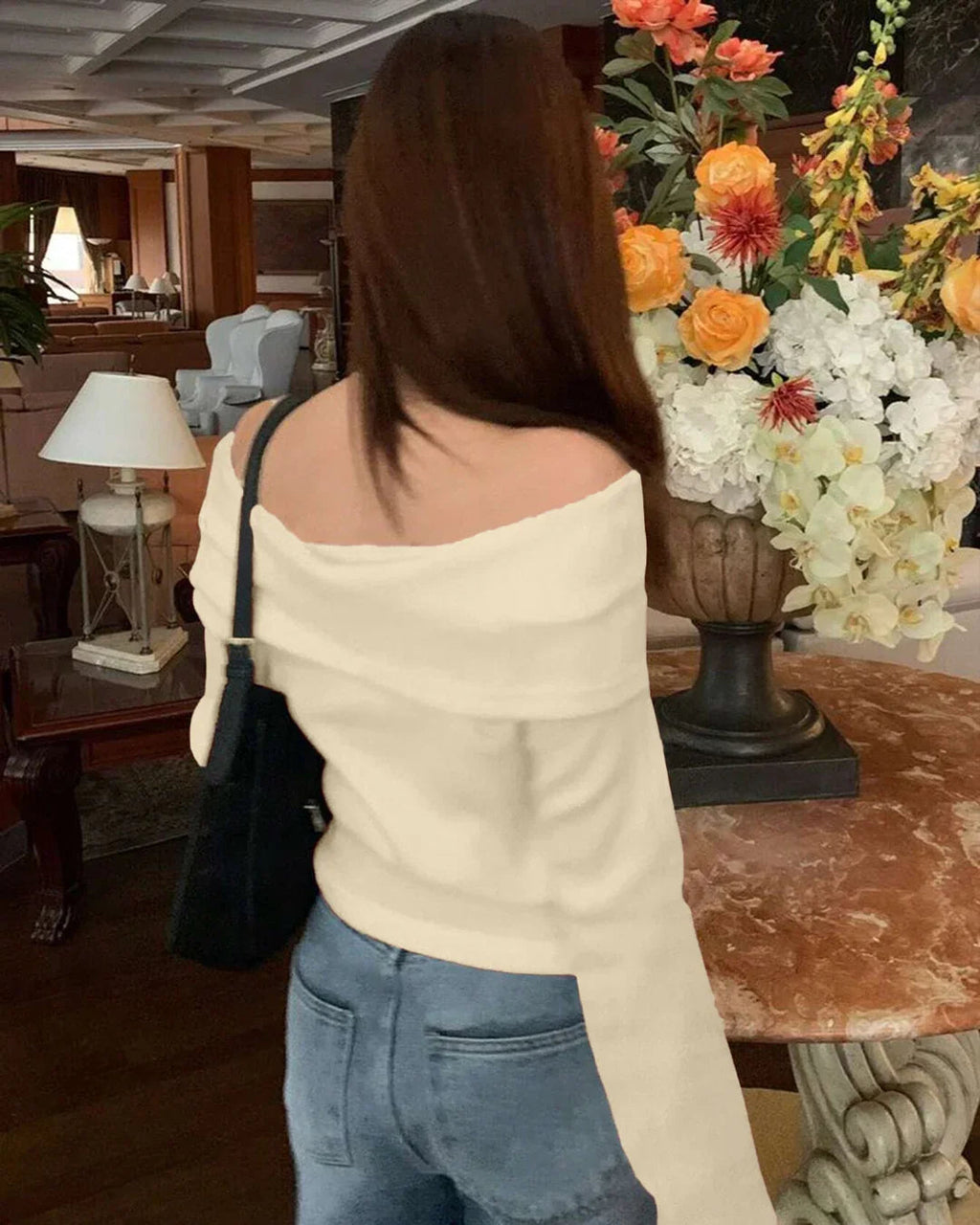 Off-Shoulder Slim-Fit Straight Hem Solid Long Sleeve Cropped Top in Beige