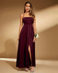 Spaghetti Strap Square Neck A-Line Slit Maxi Dress in Maroon