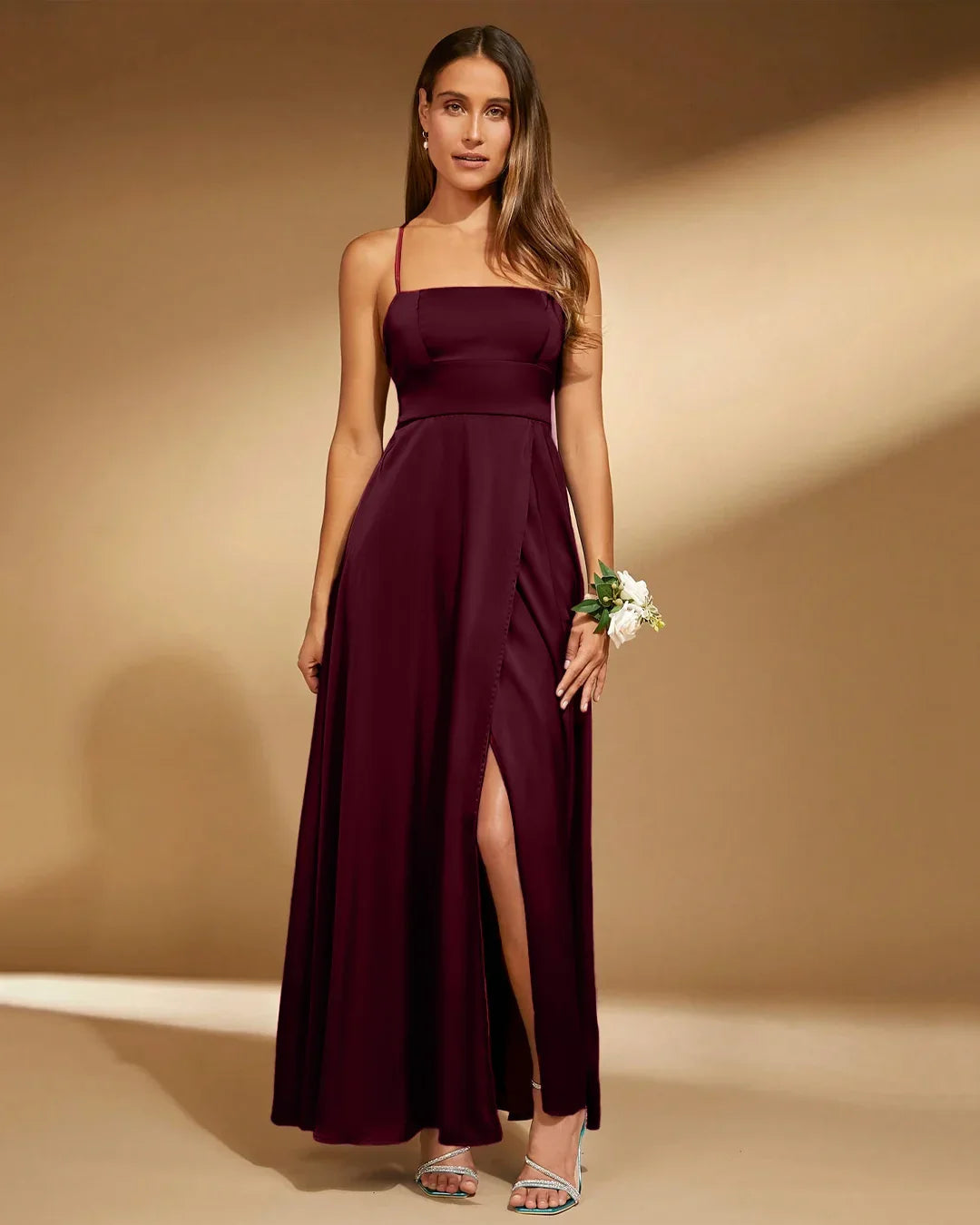 Spaghetti Strap Square Neck A-Line Slit Maxi Dress in Maroon