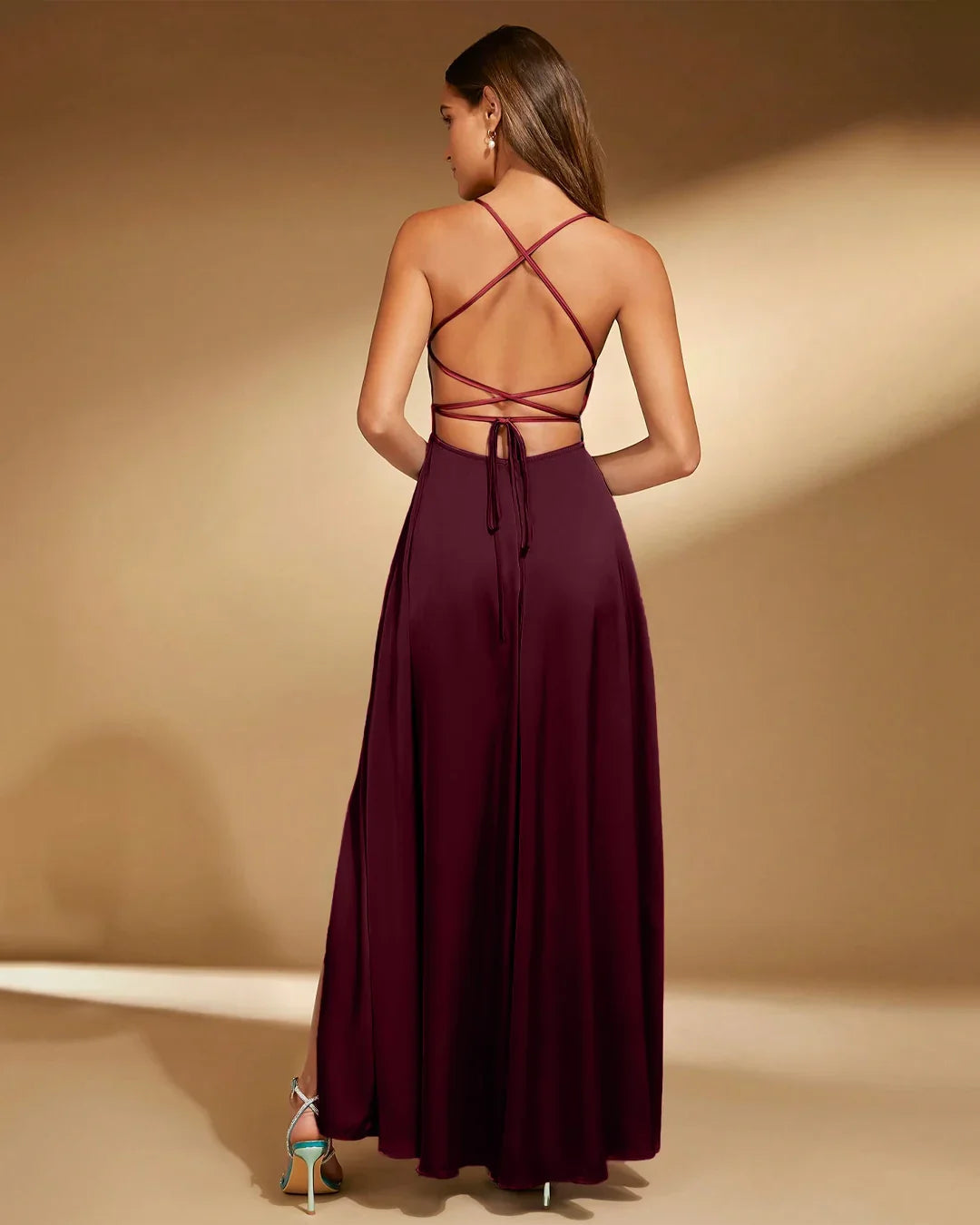 Spaghetti Strap Square Neck A-Line Slit Maxi Dress in Maroon