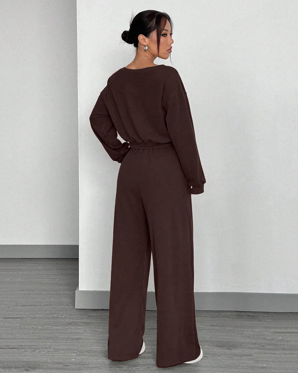 Chocolate Asymmetrical Neck Long Sleeve Top & Wide-Leg Pants Two-Piece Set