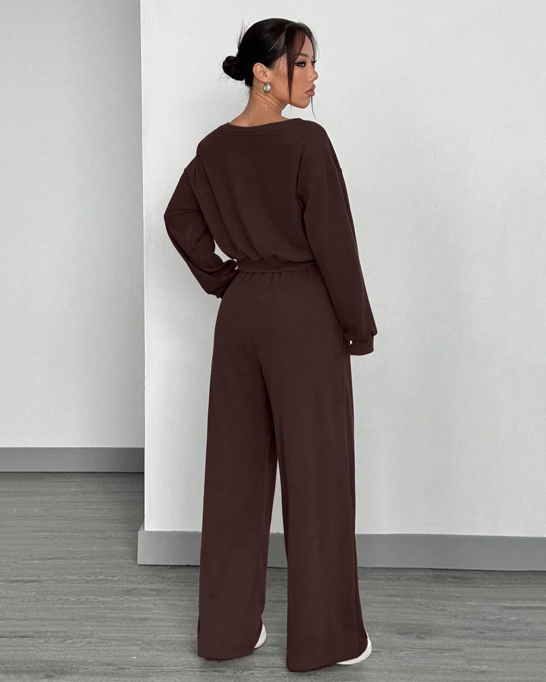 Chocolate Asymmetrical Neck Long Sleeve Top & Wide-Leg Pants Two-Piece Set
