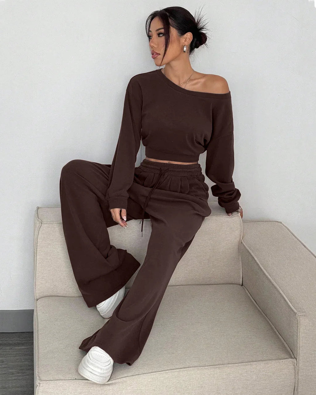 Chocolate Asymmetrical Neck Long Sleeve Top & Wide-Leg Pants Two-Piece Set