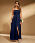 Spaghetti Strap Square Neck A-Line Slit Maxi Dress in Navy Blue