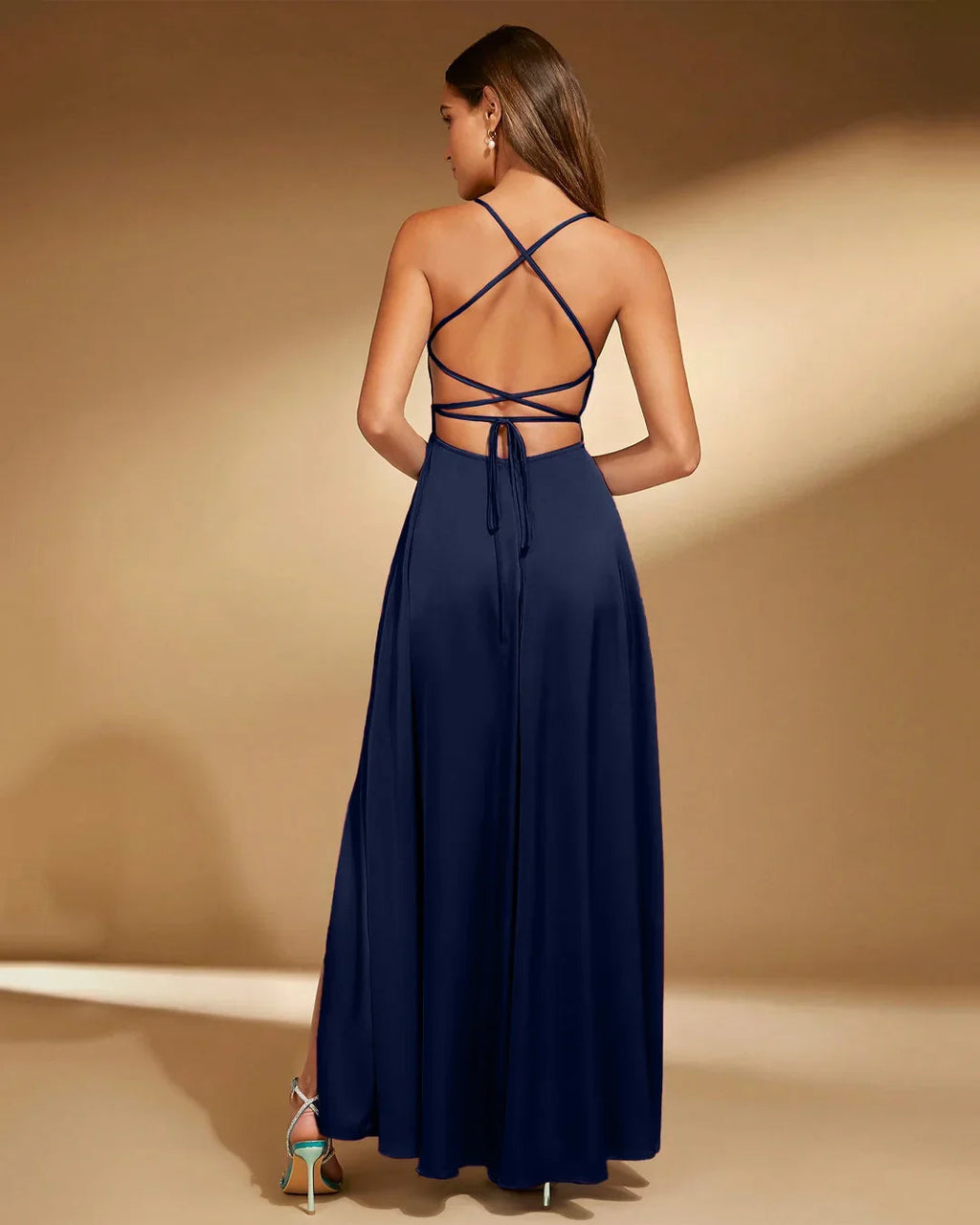 Spaghetti Strap Square Neck A-Line Slit Maxi Dress in Navy Blue