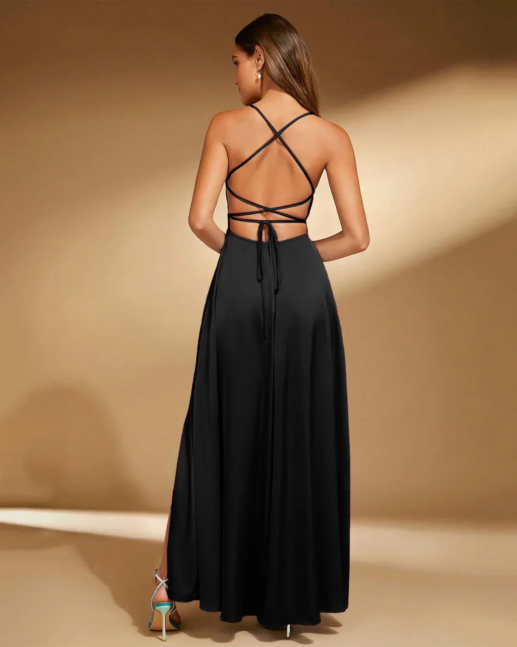 Spaghetti Strap Square Neck A-Line Slit Maxi Dress in Black
