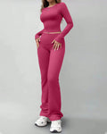 Round Neck Long Sleeve Fitted Top & Straight-Leg Pants Set in Ruby