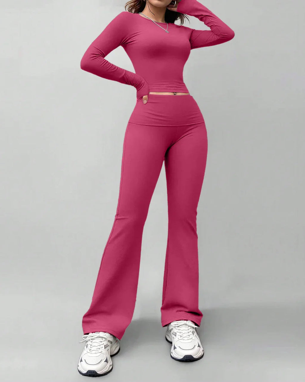 Round Neck Long Sleeve Fitted Top & Straight-Leg Pants Set in Ruby