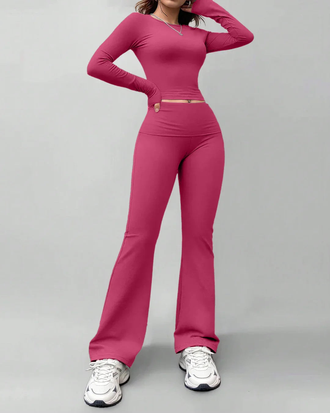 Round Neck Long Sleeve Fitted Top & Straight-Leg Pants Set in Ruby