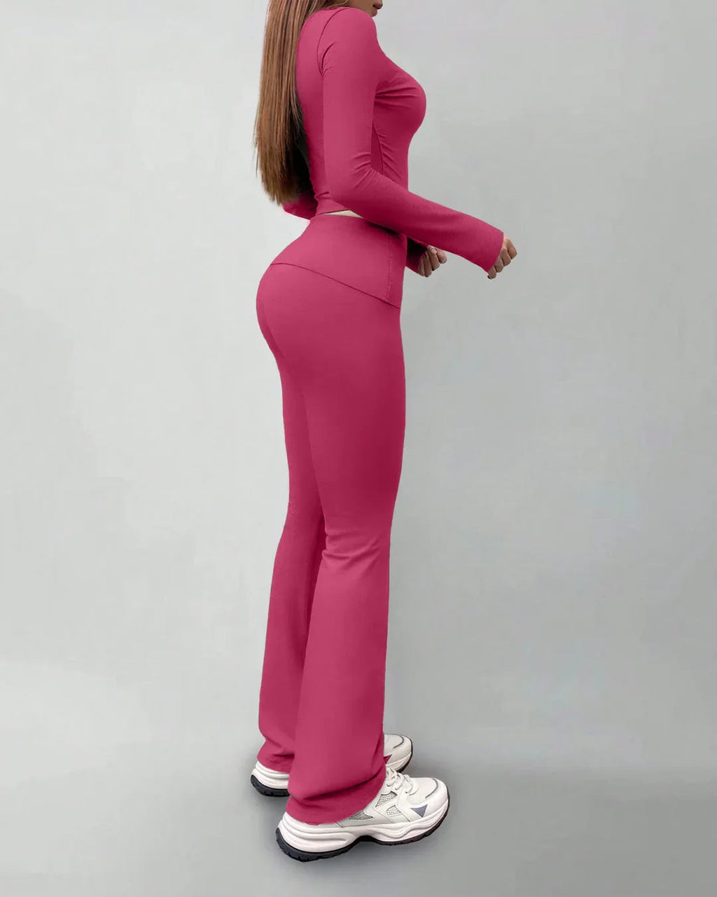 Round Neck Long Sleeve Fitted Top & Straight-Leg Pants Set in Ruby