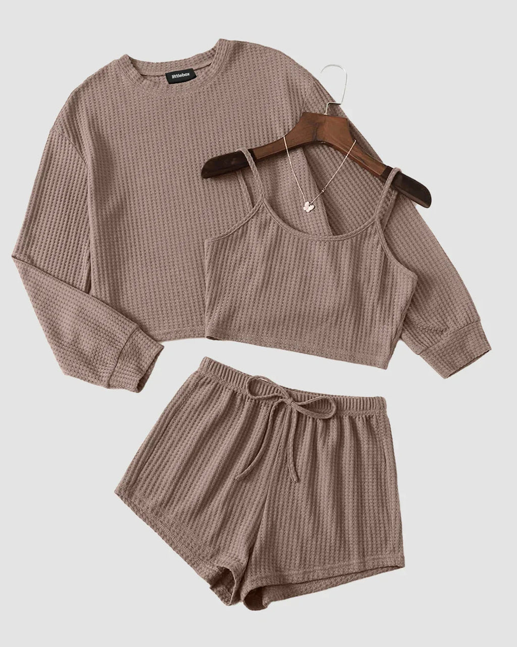Round Neck Knit Top Cami and Shorts Lounge Outfit Three Piece Set in Brown