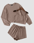 Round Neck Knit Top Cami and Shorts Lounge Outfit Three Piece Set in Brown