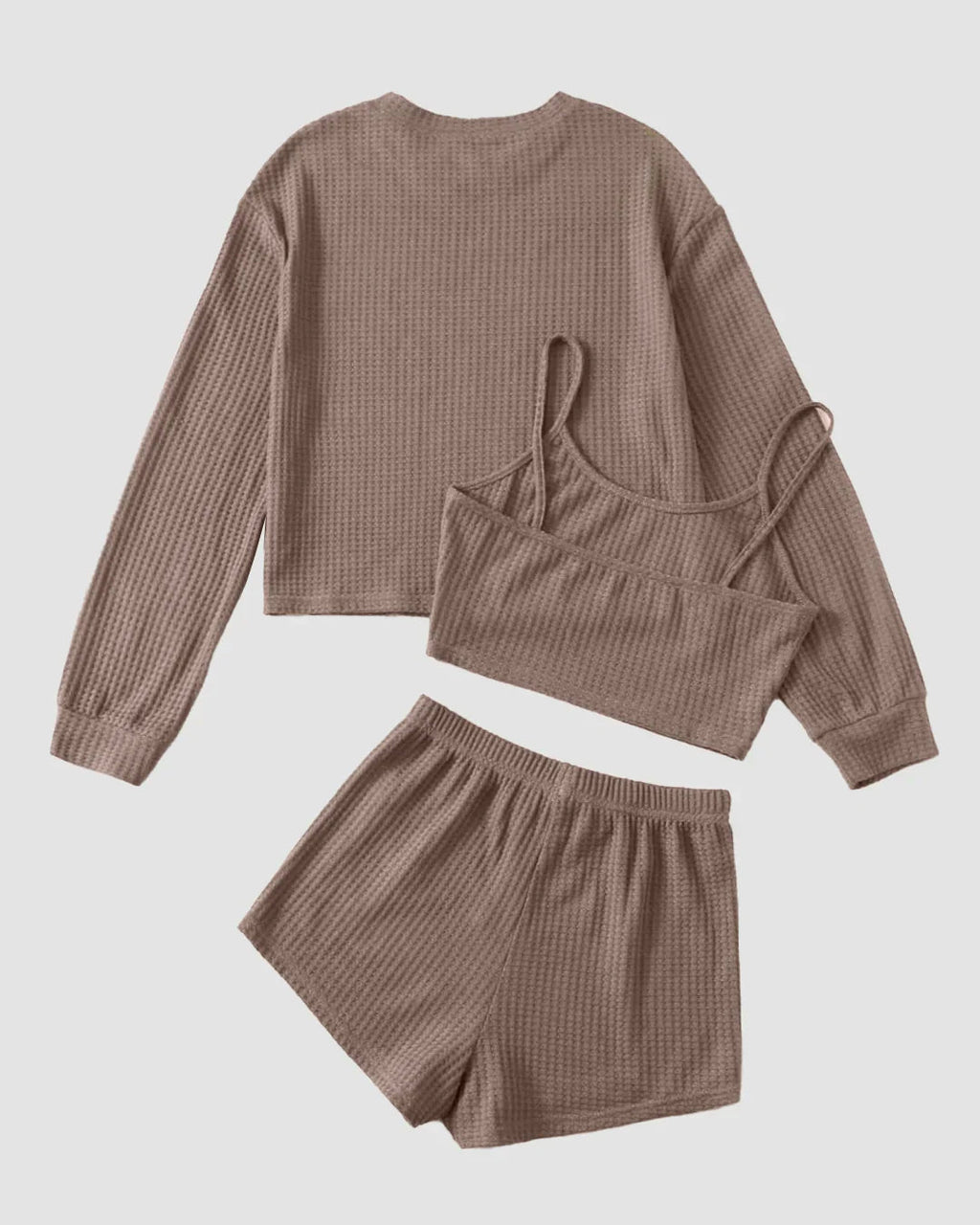 Round Neck Knit Top Cami and Shorts Lounge Outfit Three Piece Set in Brown