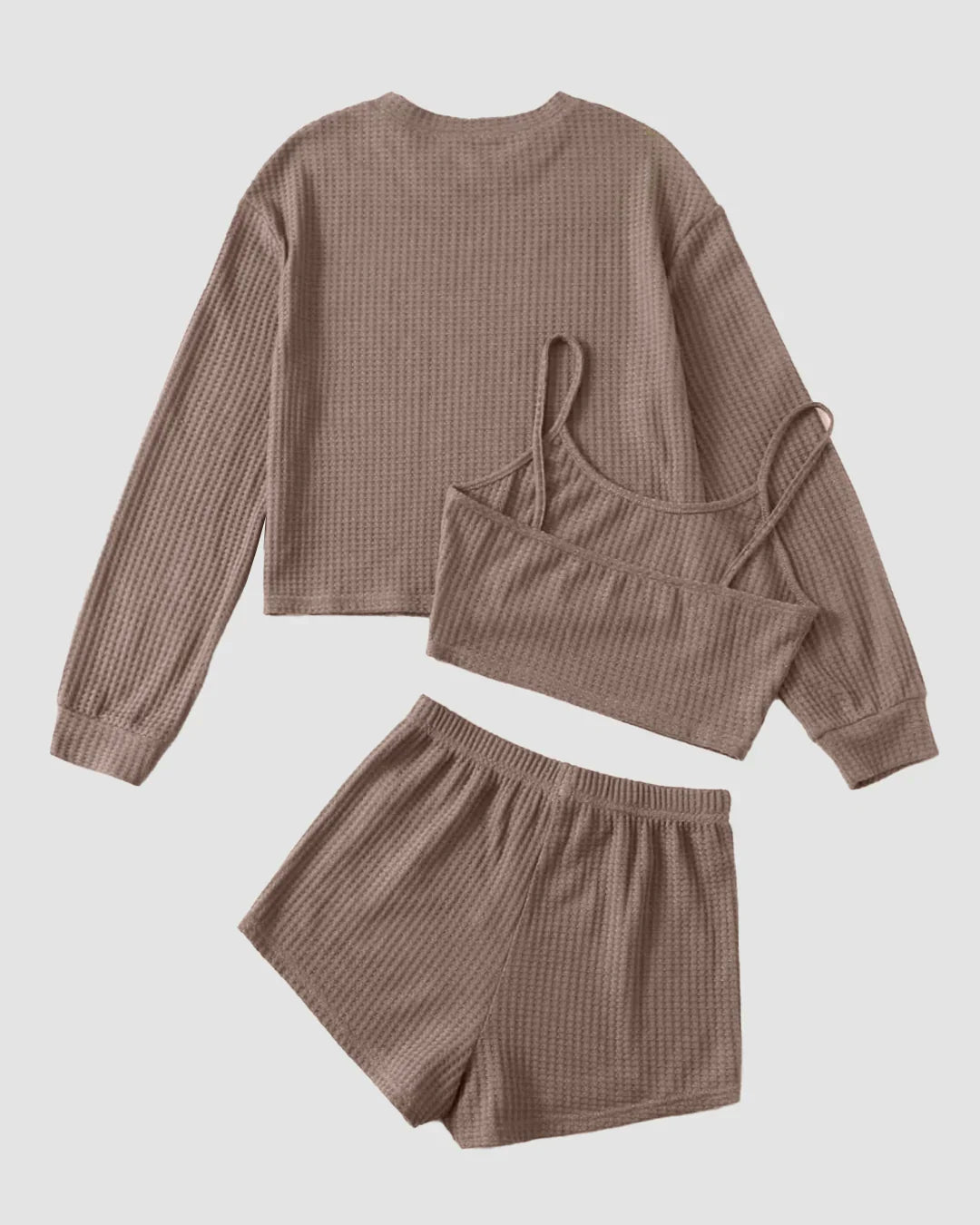 Round Neck Knit Top Cami and Shorts Lounge Outfit Three Piece Set in Brown