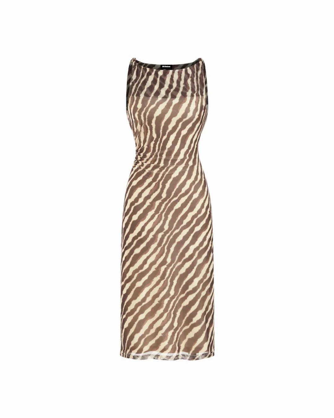 Zebra Stripe Mesh Boat Neck Twist Ruched Midi Dress