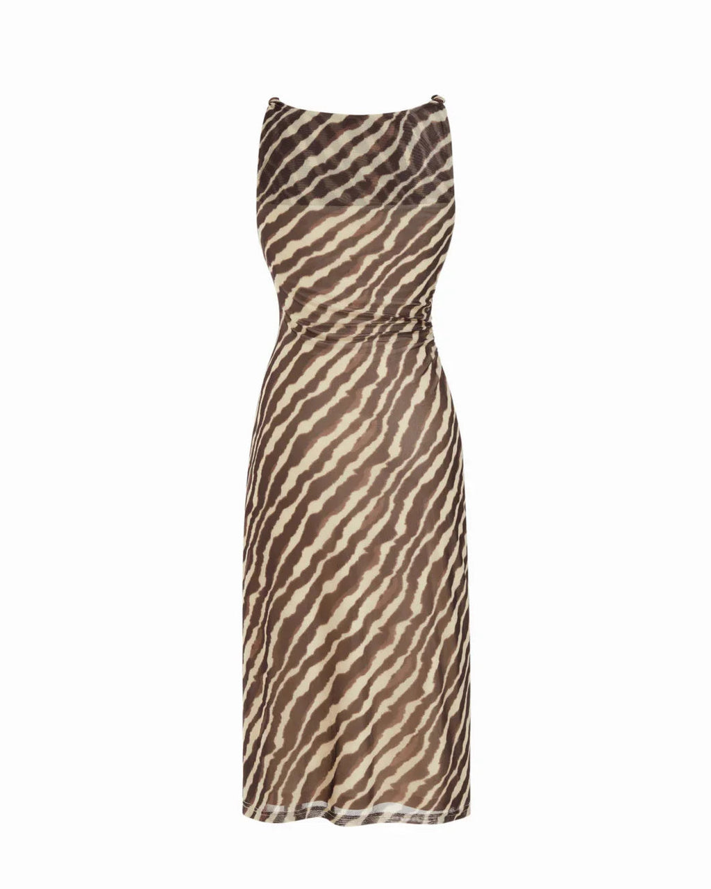Zebra Stripe Mesh Boat Neck Twist Ruched Midi Dress