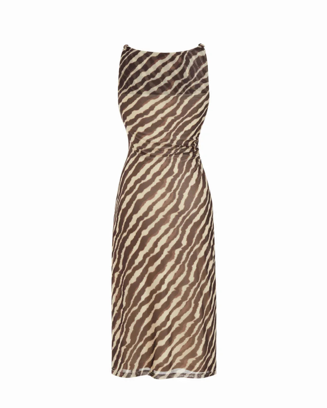 Zebra Stripe Mesh Boat Neck Twist Ruched Midi Dress