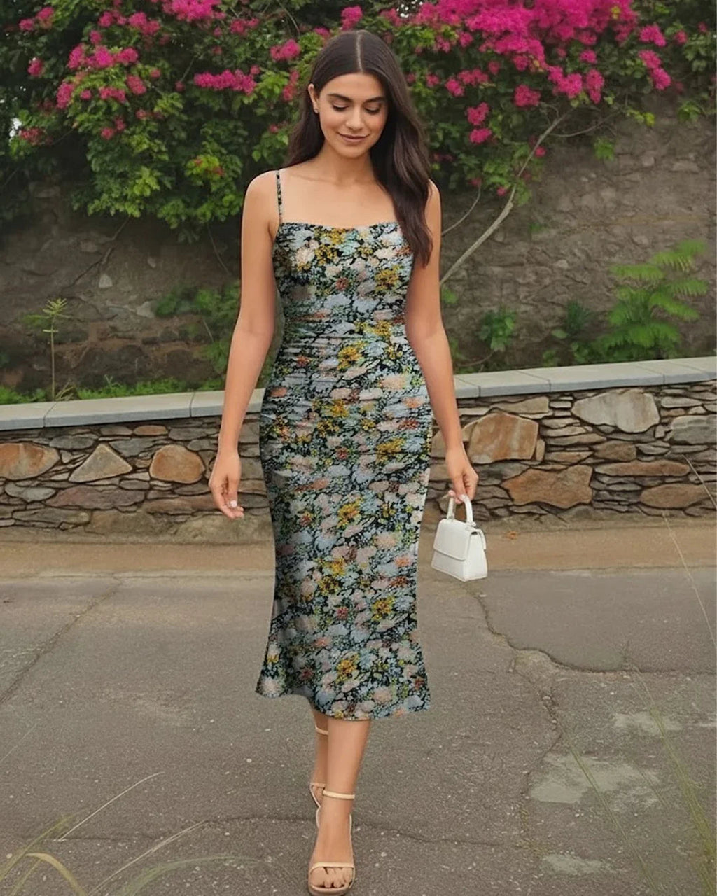 Ruched Bodycon Dress With Floral Spaghetti Straps