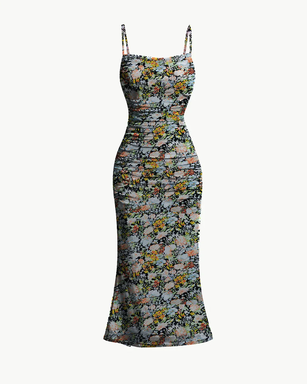 Ruched Bodycon Dress With Floral Spaghetti Straps