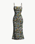 Ruched Bodycon Dress With Floral Spaghetti Straps