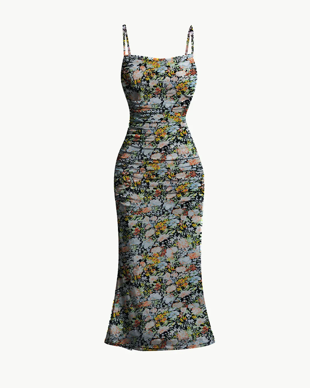 Ruched Bodycon Dress With Floral Spaghetti Straps