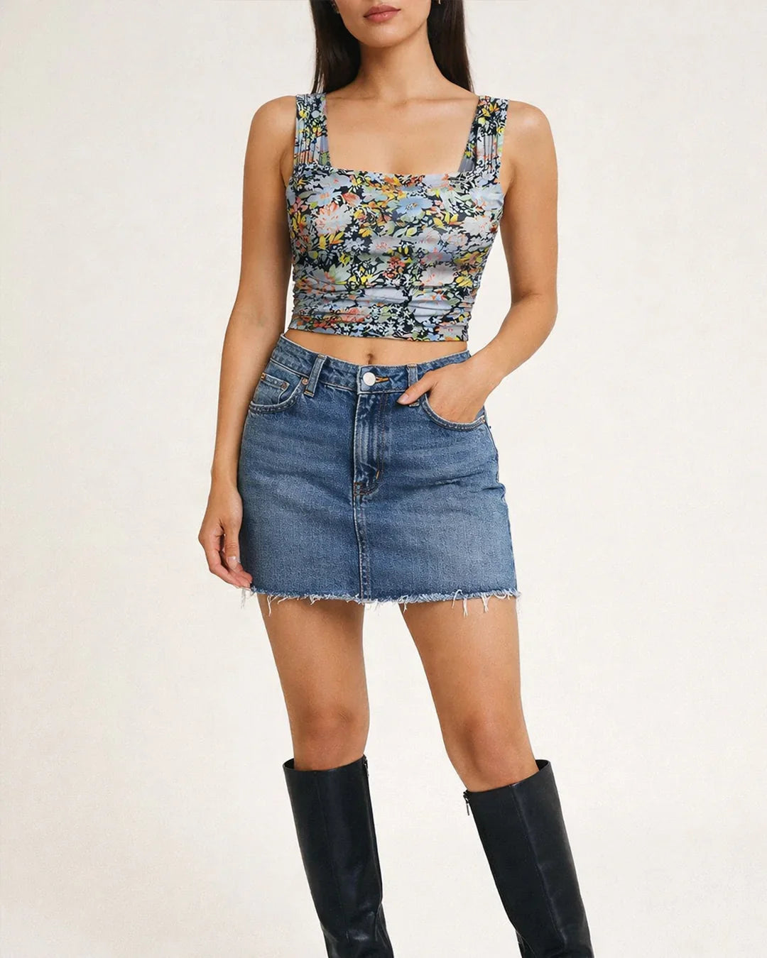 Square Neck Slim Fit Straight Hem Floral Print Sleeveless Crop Top