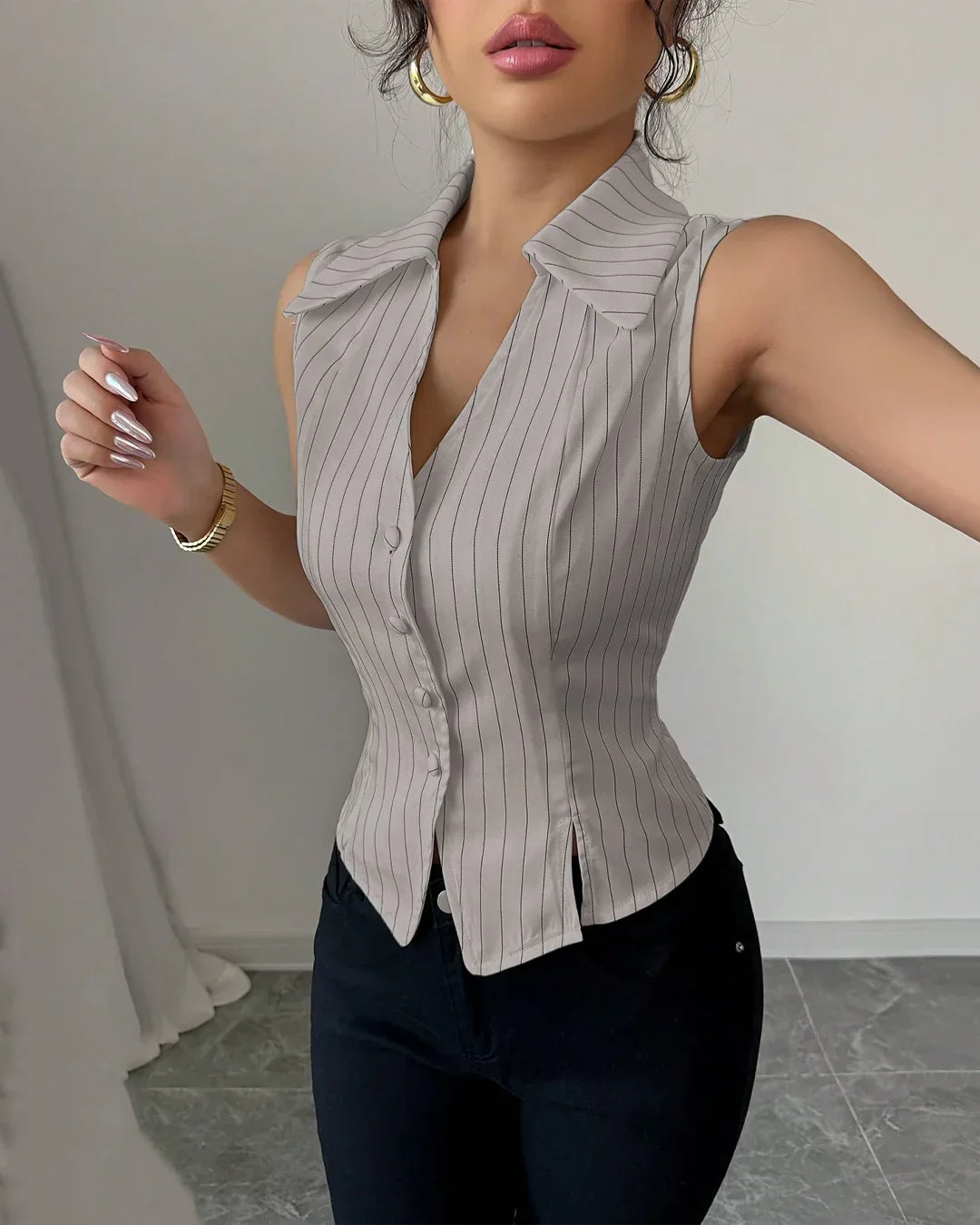 Collared V-Neck Slim Fit Straight Hem Pinstripe Sleeveless Top