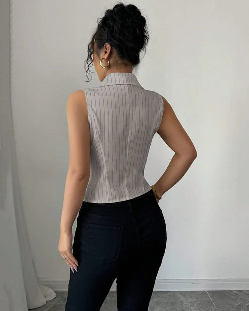 Collared V-Neck Slim Fit Straight Hem Pinstripe Sleeveless Top