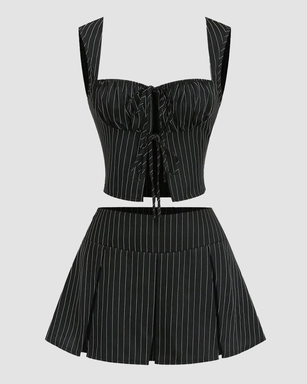 Striped Bandeau Tie Crop Top and High Waist Pleated Skirt Two Piece Set