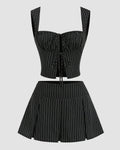 Striped Bandeau Tie Crop Top and High Waist Pleated Skirt Two Piece Set