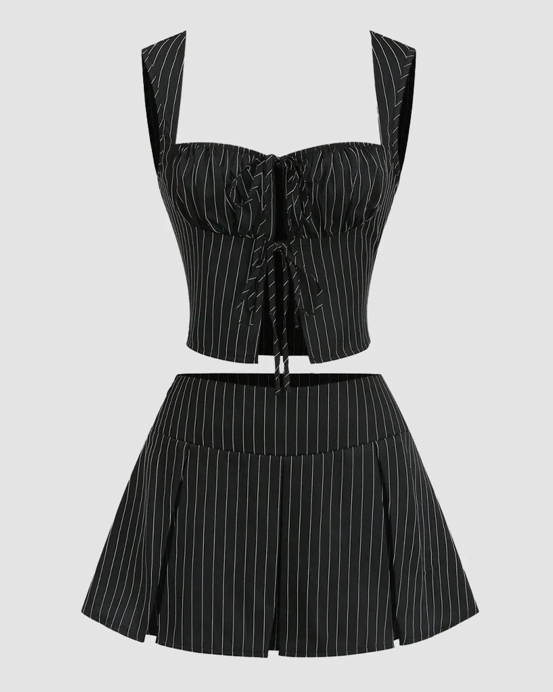 Striped Bandeau Tie Crop Top and High Waist Pleated Skirt Two Piece Set