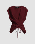 Cinched Waist Wrap Style Tie-Back Cap Sleeve Short Length in Merlot
