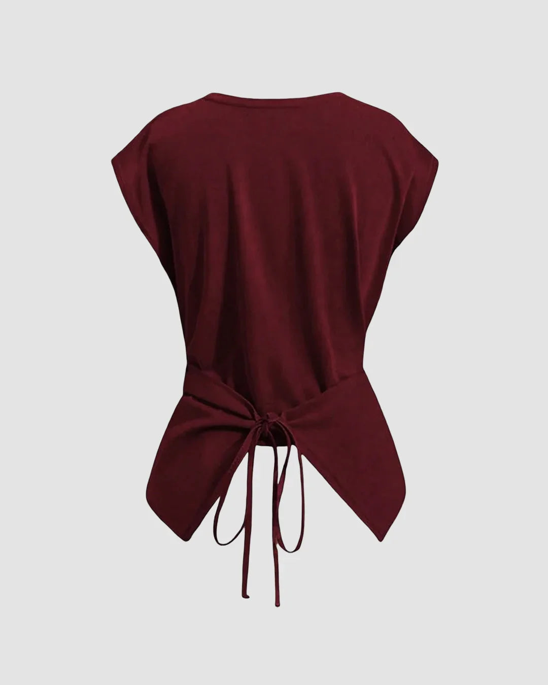 Cinched Waist Wrap Style Tie-Back Cap Sleeve Short Length in Merlot