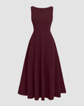 Boat Neck A-Line Solid Sleeveless Maxi Dress Maroon