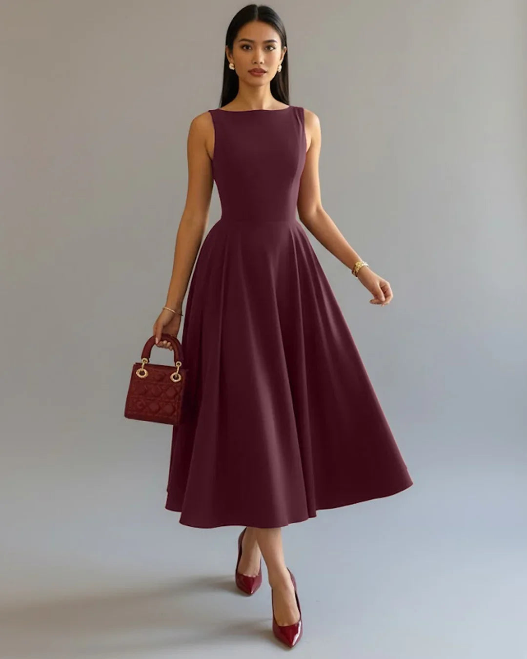 Boat Neck A-Line Solid Sleeveless Maxi Dress Maroon