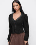 V-neck Long Sleeve Lace Trim Top in Black