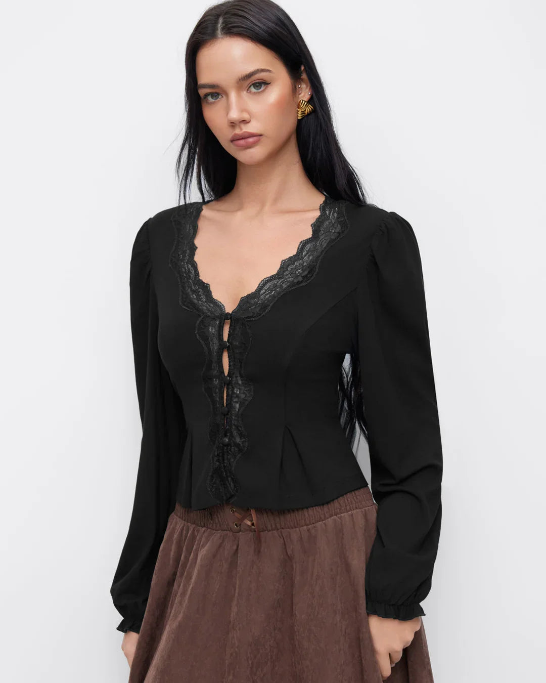 V-neck Long Sleeve Lace Trim Top in Black