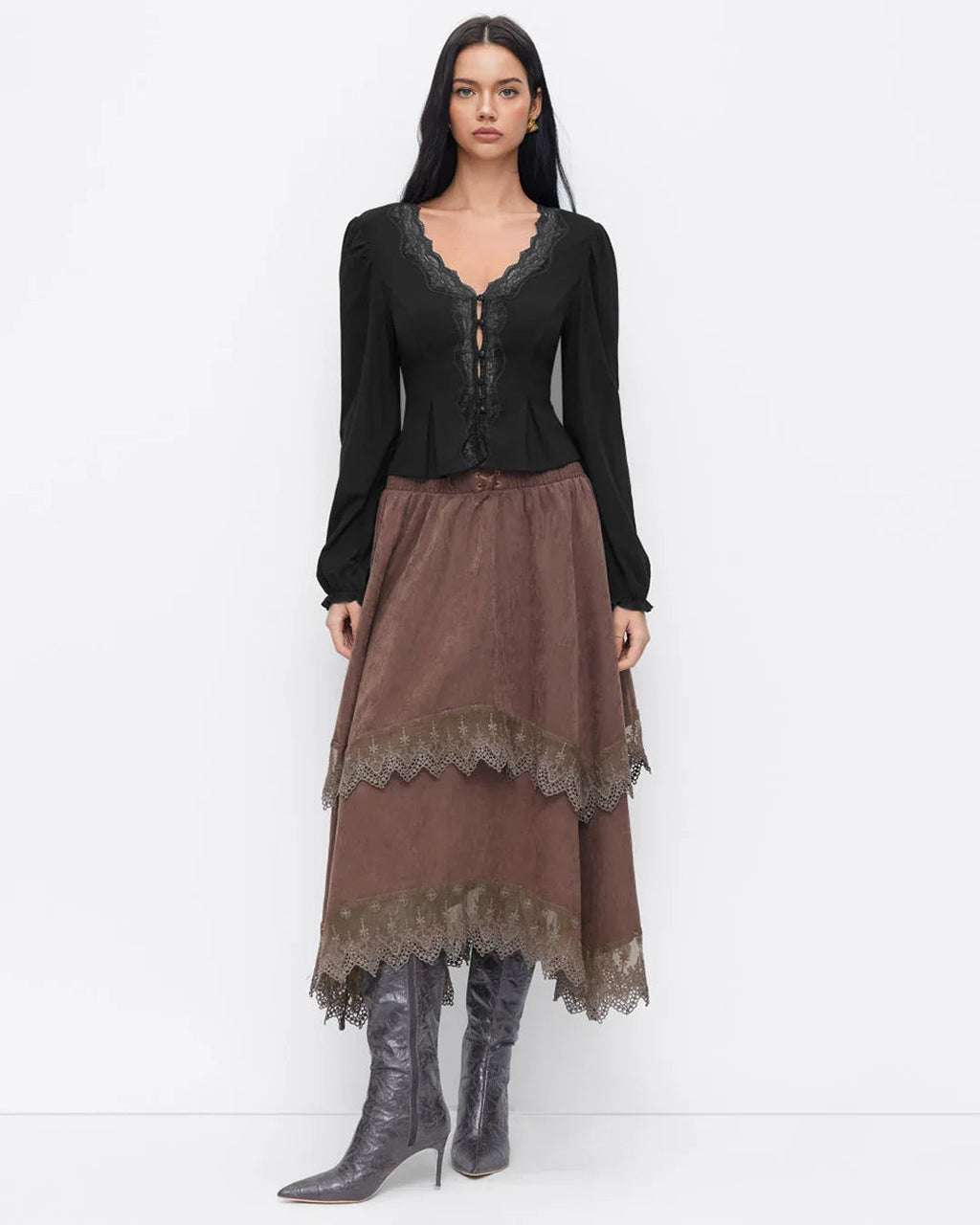 V-neck Long Sleeve Lace Trim Top in Black