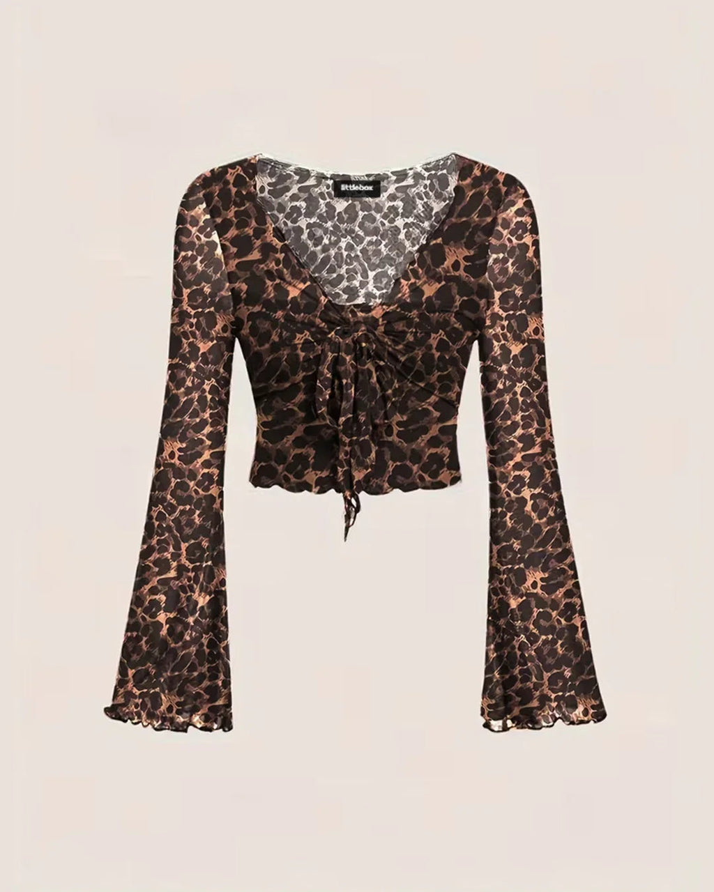 V-Neck Slim Fit Leopard Print Bell Sleeve Crop Top