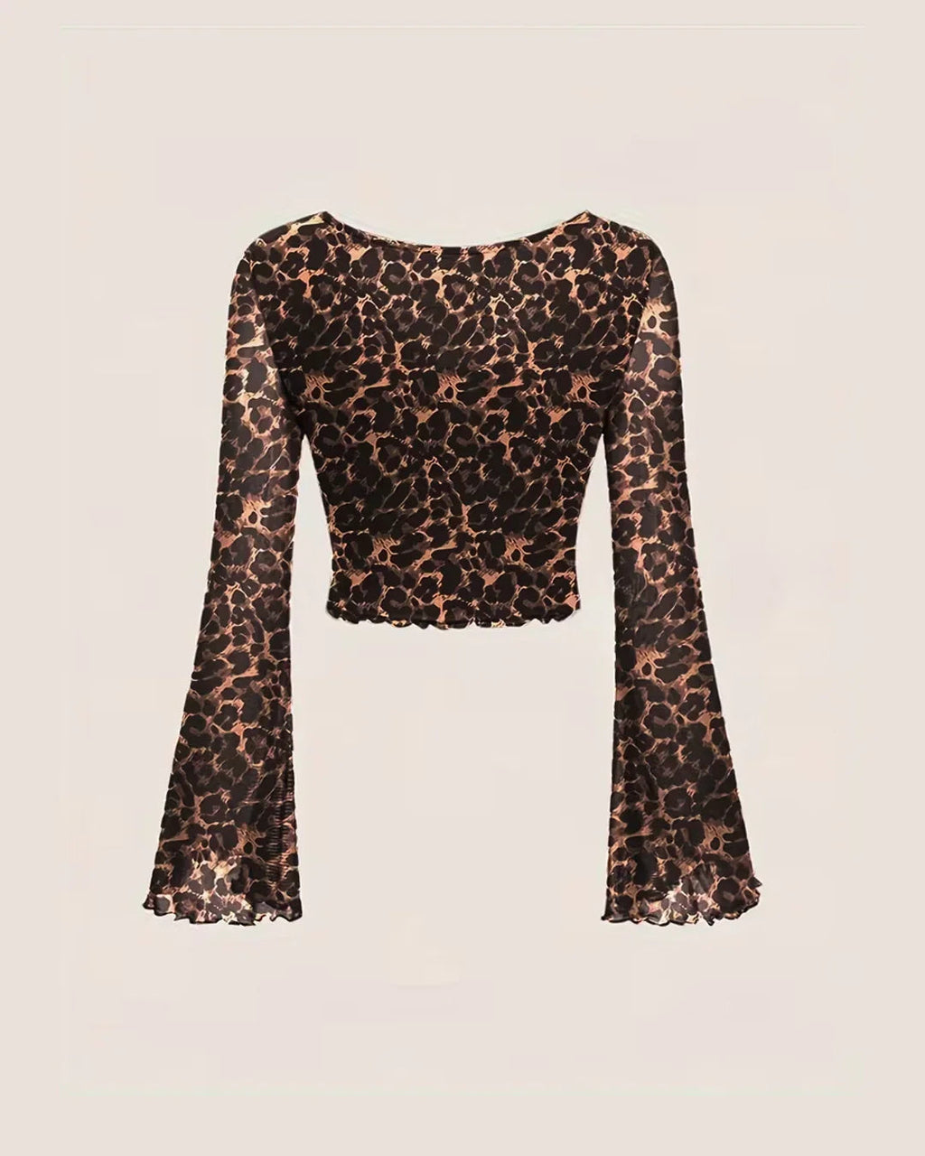 V-Neck Slim Fit Leopard Print Bell Sleeve Crop Top