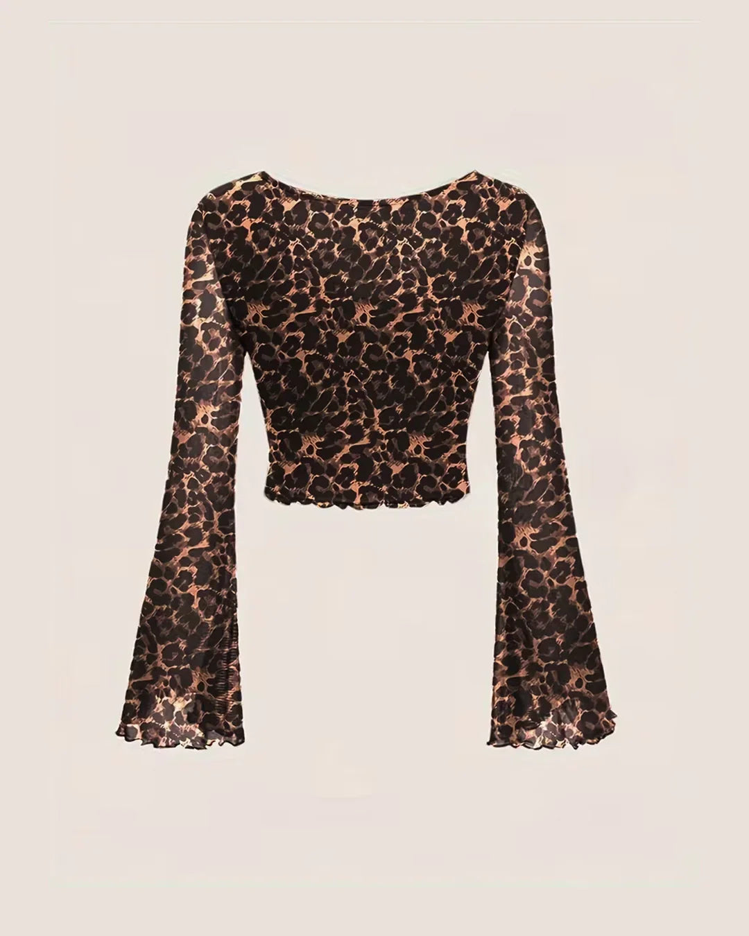 V-Neck Slim Fit Leopard Print Bell Sleeve Crop Top