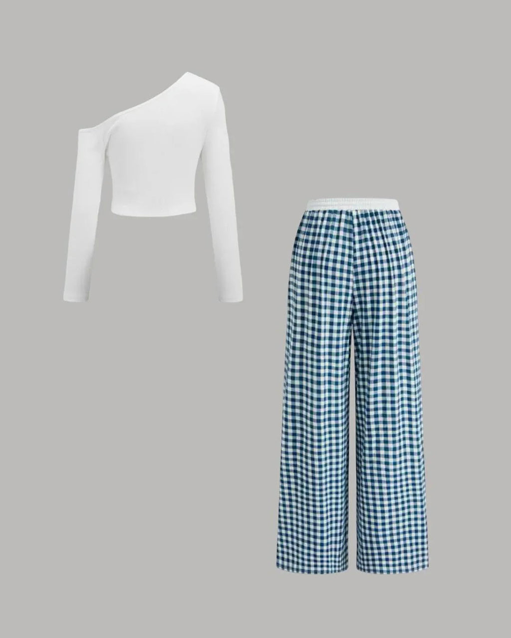 White Long Sleeve Top and Blue Checkered Wide Leg Pants Two Piece Set