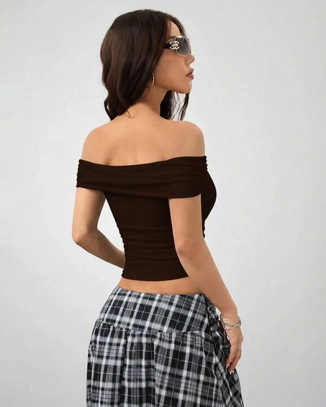 Off-Shoulder Slim-Fit Straight Hem Solid Short Sleeve Top in Brown
