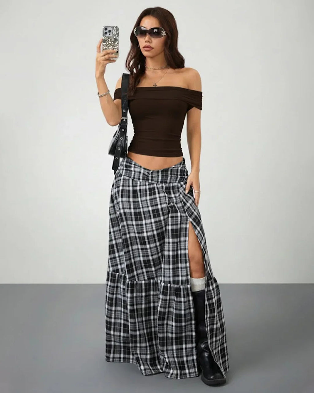 Off-Shoulder Slim-Fit Straight Hem Solid Short Sleeve Top in Brown