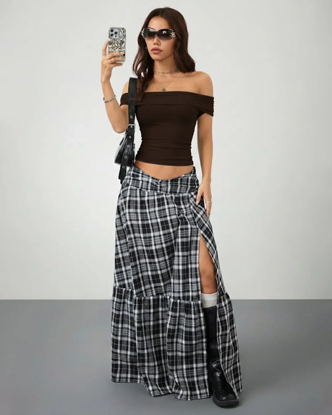 Off-Shoulder Slim-Fit Straight Hem Solid Short Sleeve Top in Brown