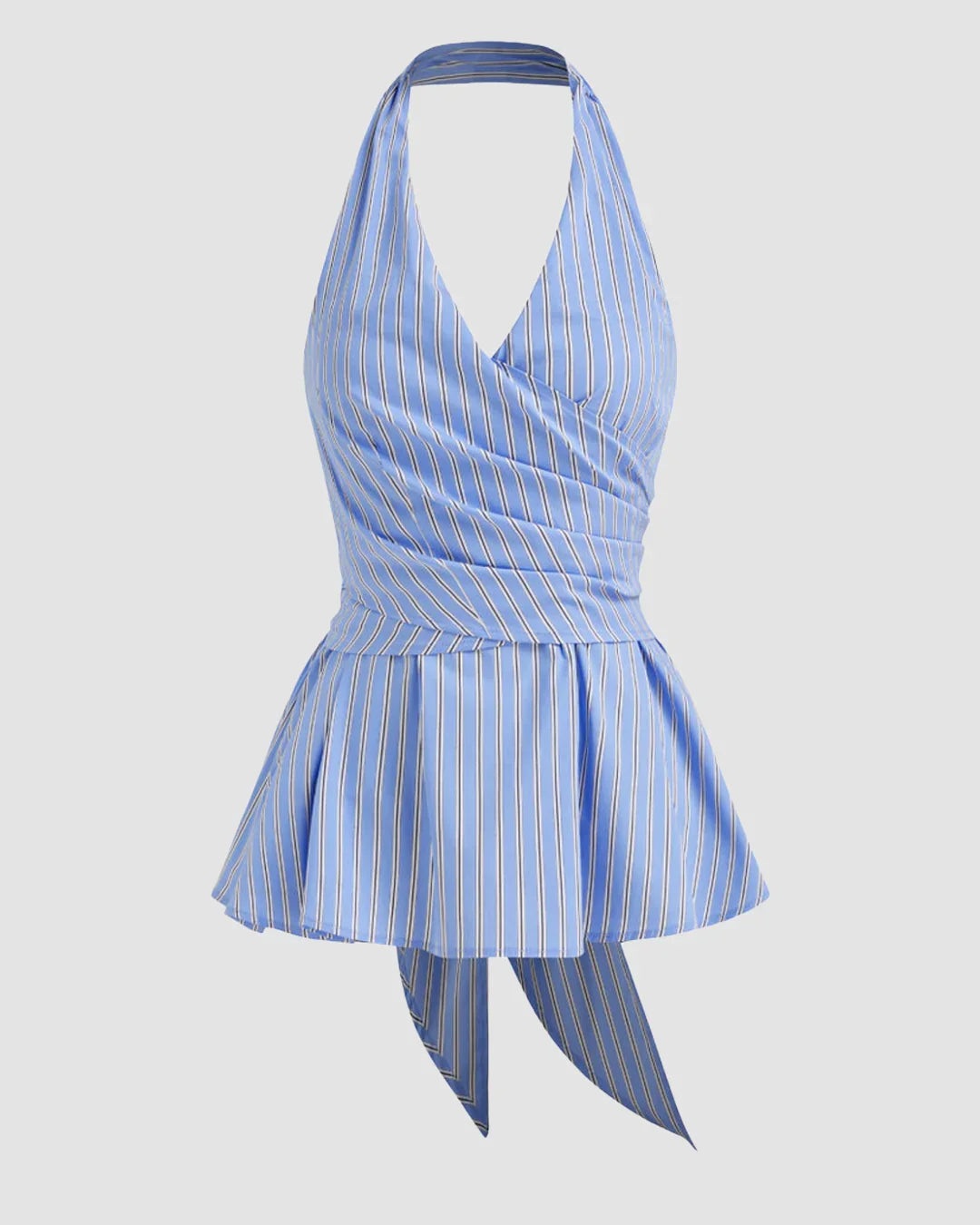 Halter Neckline Stripe Bowknot Ruffle Hem Top