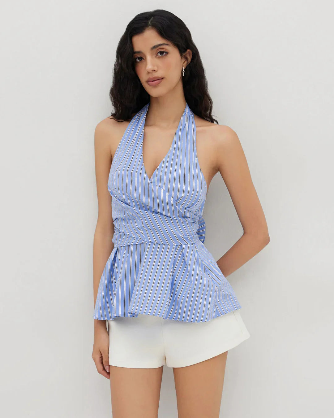 Halter Neckline Stripe Bowknot Ruffle Hem Top