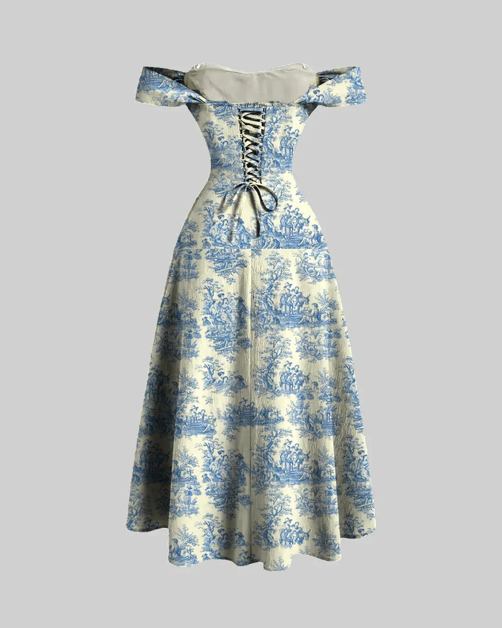 Printed Faux Fishbone Design Romantic Off-Shoulder Dress