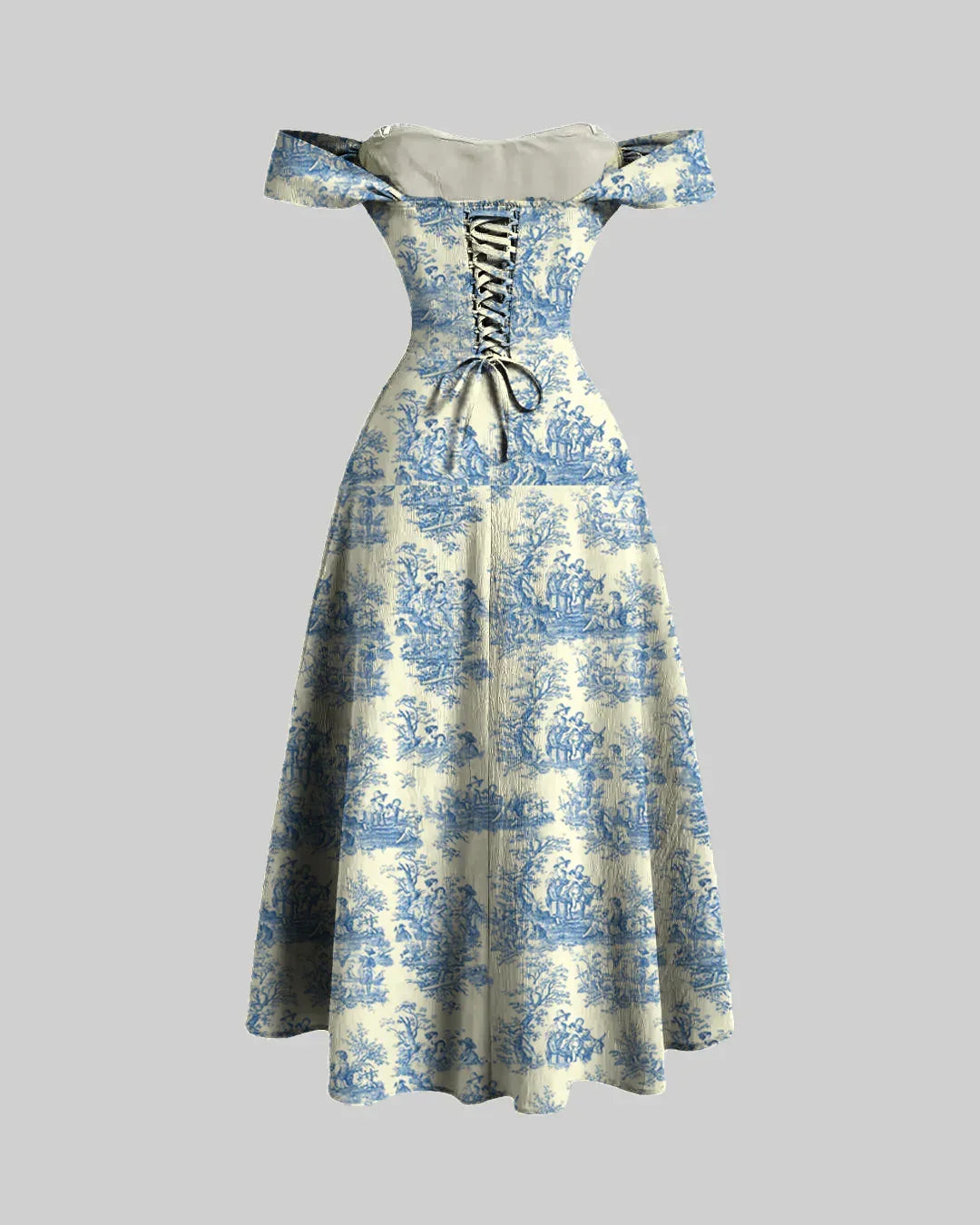 Printed Faux Fishbone Design Romantic Off-Shoulder Dress