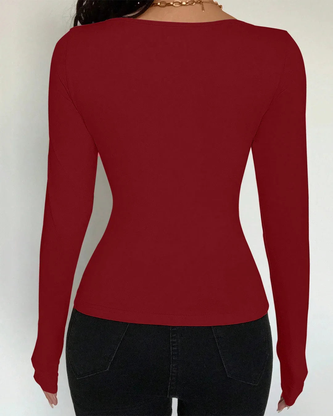 Scoop Neck Slim Fit Solid Full Sleeve Top in Red